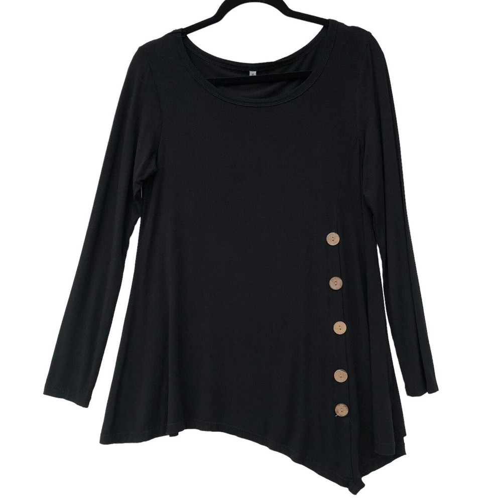 Black Long Sleeves Knit Top Size M Wooden Buttons Longline Asymmetric Hem Rayon